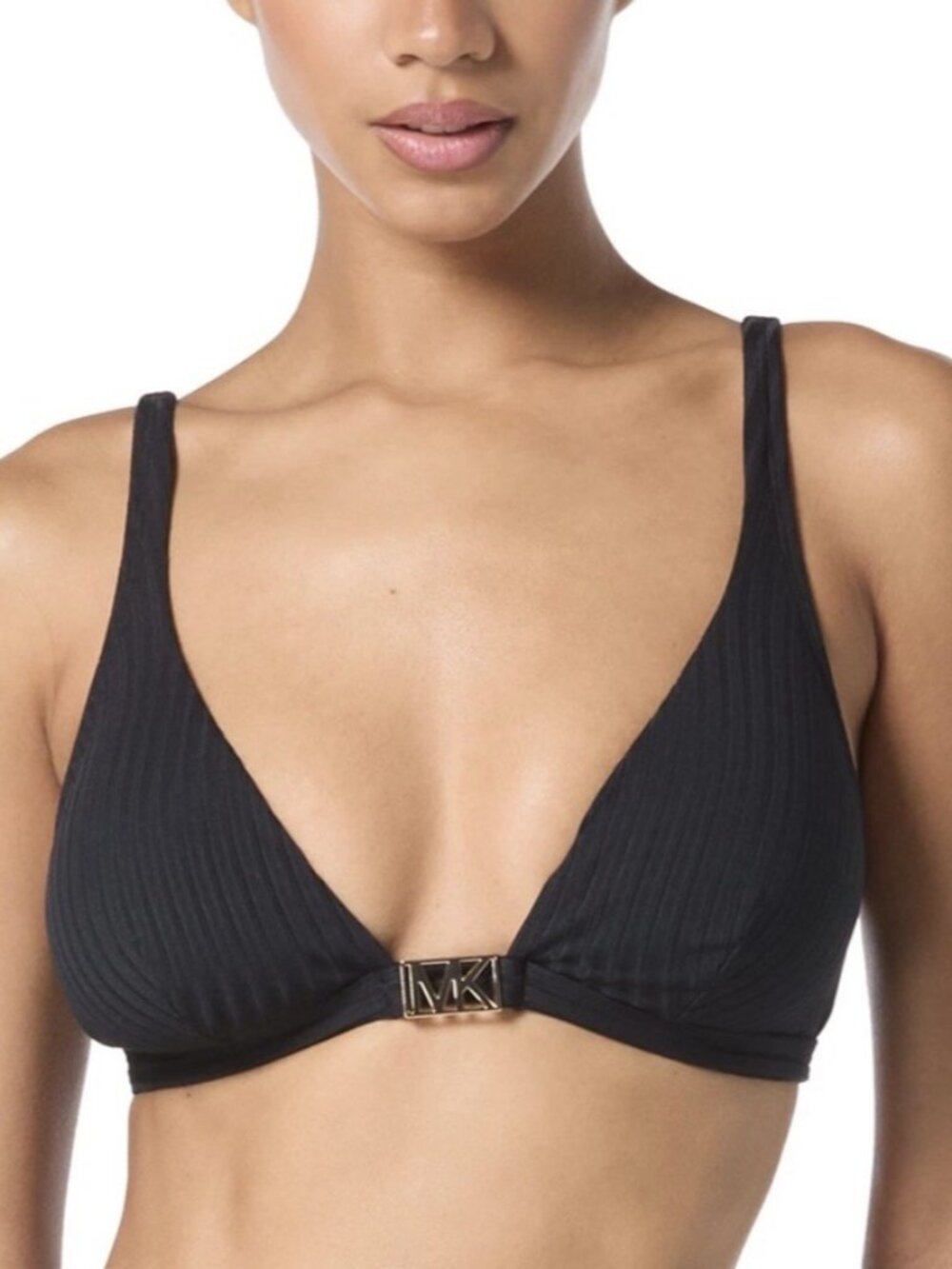 MICHAEL Michael Kors Women's Ribbed Hardware V-Neck Bikini Top Black Size M 2482